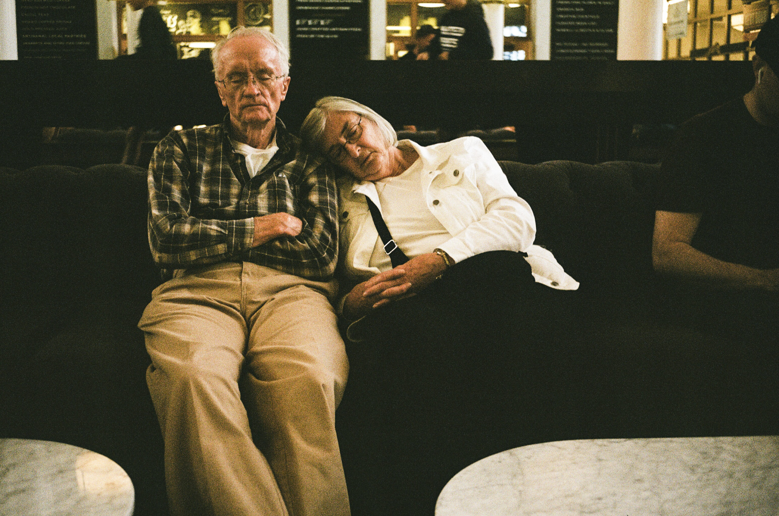 elderly couple at train station in Denver
